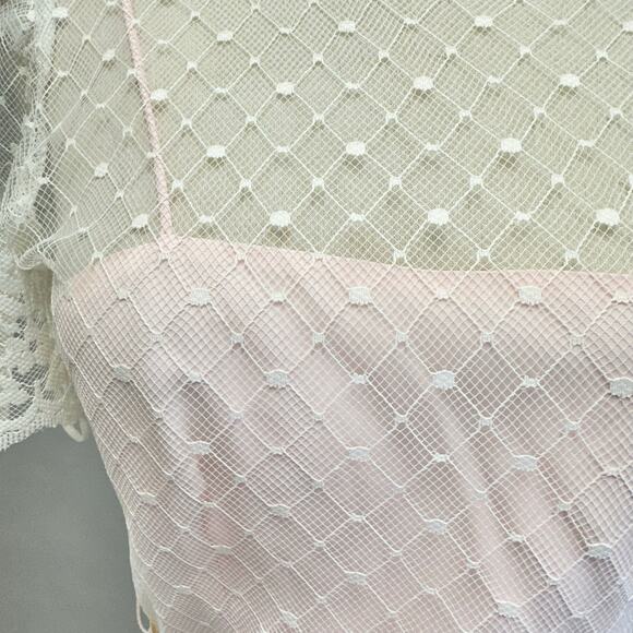 Vintage 70s dot lace overlay taffeta short sleeve midi dress ribbon belt size 11 - Picture 13 of 16